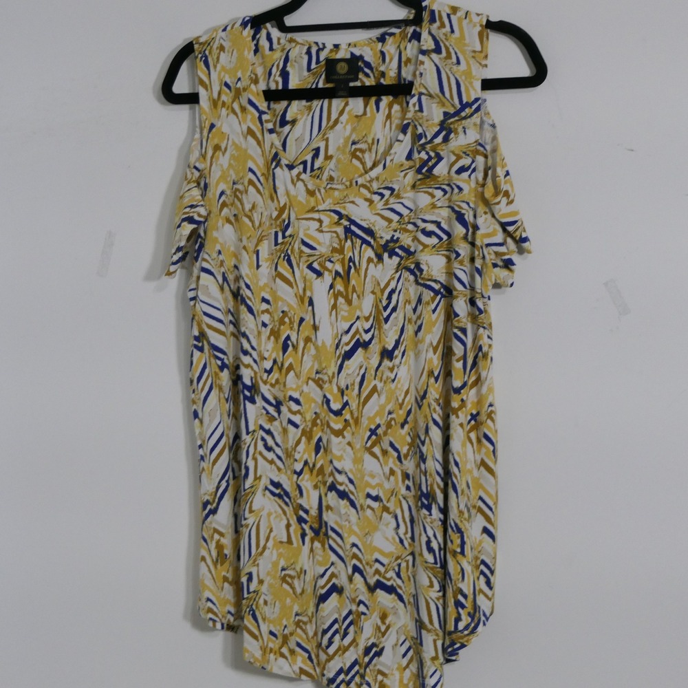 JM Collection Womens Top L Yellow Blue Abstract Cold Shoulder Chevron Print Boho